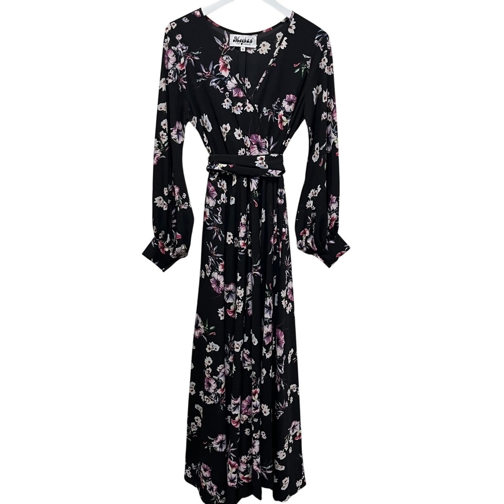 Meghan Los Angeles Lilypad Floral Maxi Dress Medium Black Faux Wrap Boho Sash